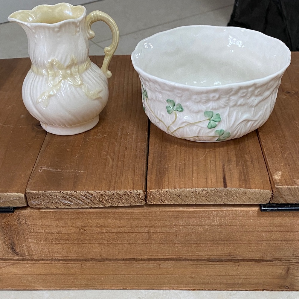 Beleek Ireland Ribbon Creamer Jug  and Shamrock Bowl Sugar?